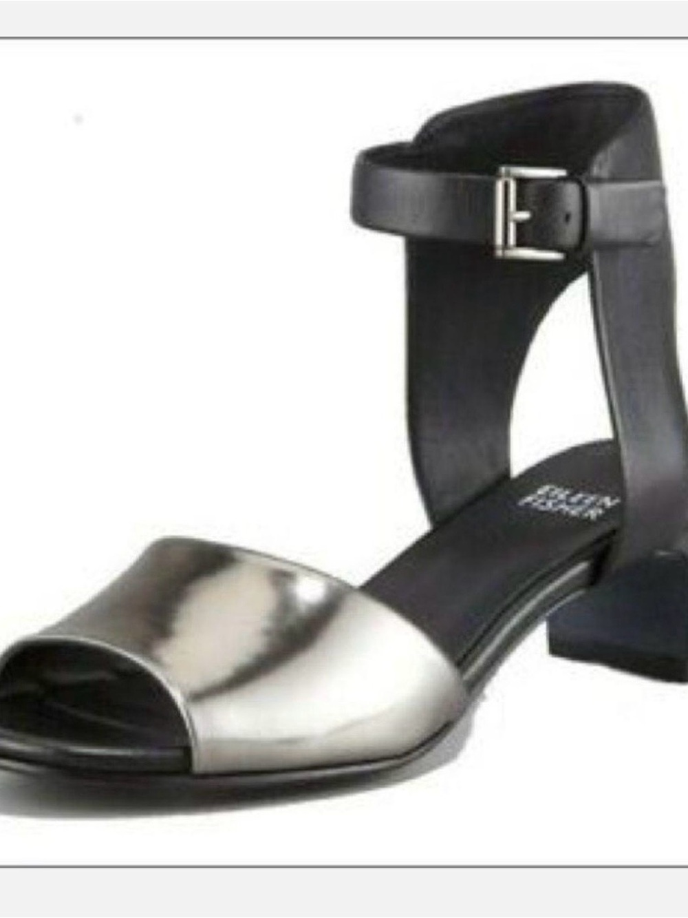 Eileen Fisher “Catch” Silver and Black Ankle-Strap Open-Toe Sandals 8